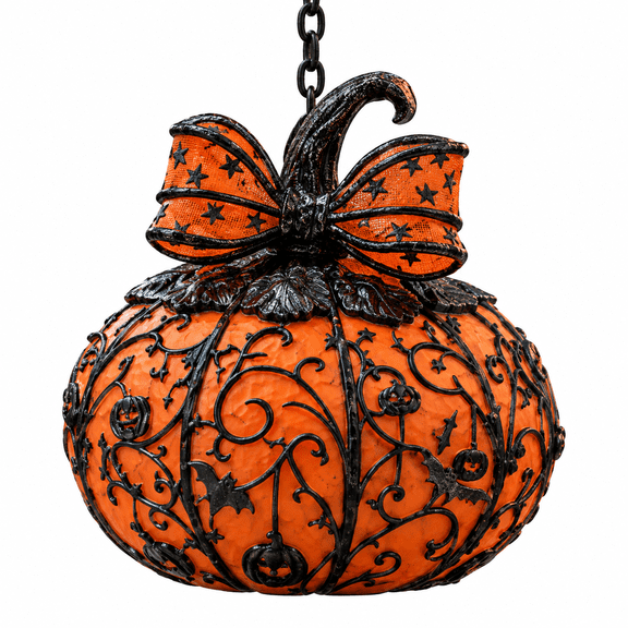 Halloween Pumpkin Hanging Ornament, Vintage Pumpkin Pendant with Bow Bat Pumpkin Pattern, Halloween Party Home Decor,15×13cm