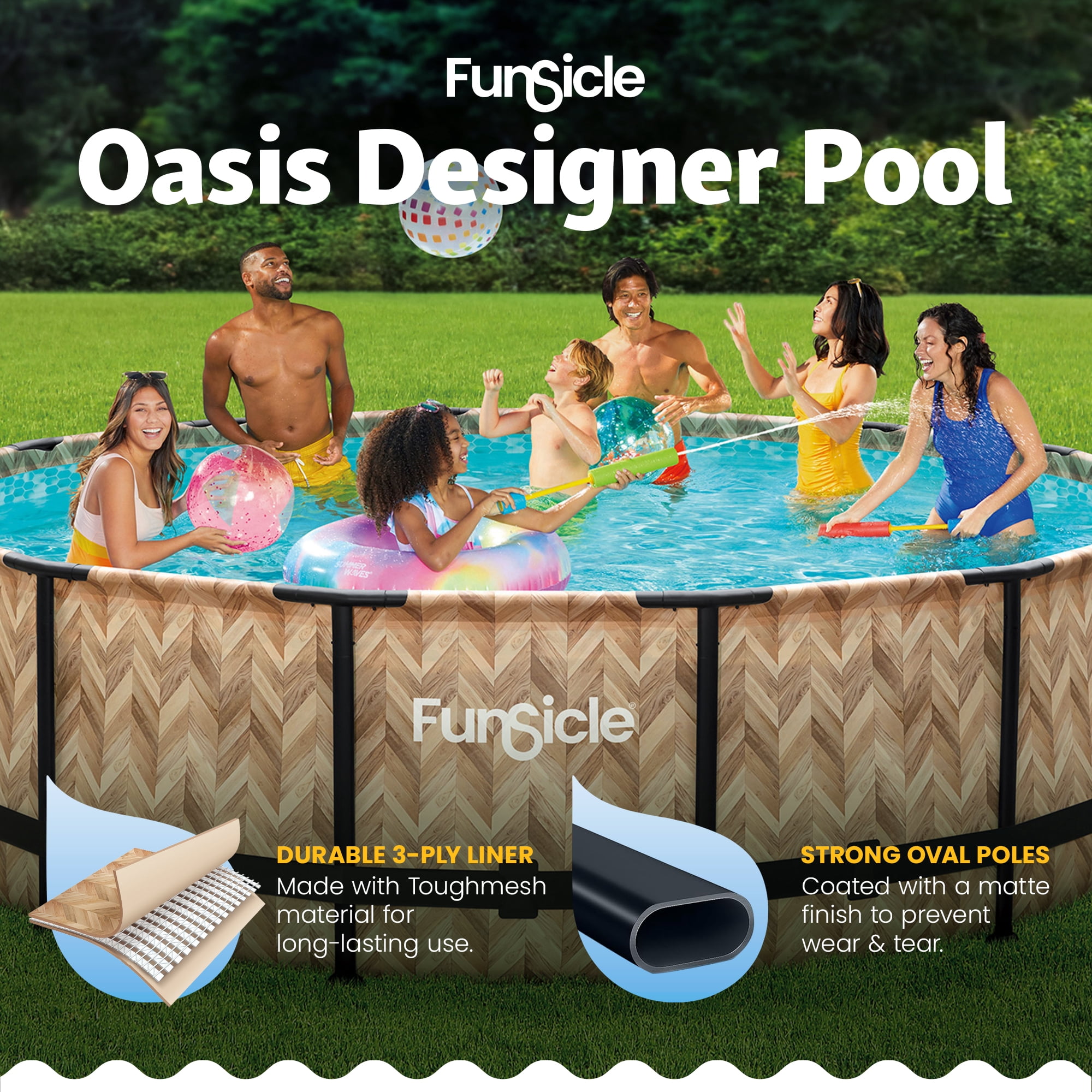 Funsicle 14ft x 42in Round Oasis Designer Above Ground Pool, Oak Herringbone with SkimmerPlus Filter Pump, Age 6 & up