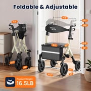 WalkMate Foldable Rollator Walker with Height-Adjustable Seat, 10” Wheels, Compact Folding Design, Lightweight Mobility Walking Aid for Seniors Taller 5.3~7ft, Gold