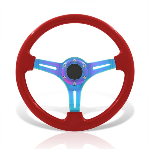 AJP Distributors Universal 350mm 14" 6 Bolts Holes Light Weight Steel Steering Wheel Red Neo Chrome 3 Spokes Heavy Duty Horn Button Replacement JDM VIP Sport Tracking Drifting JDM