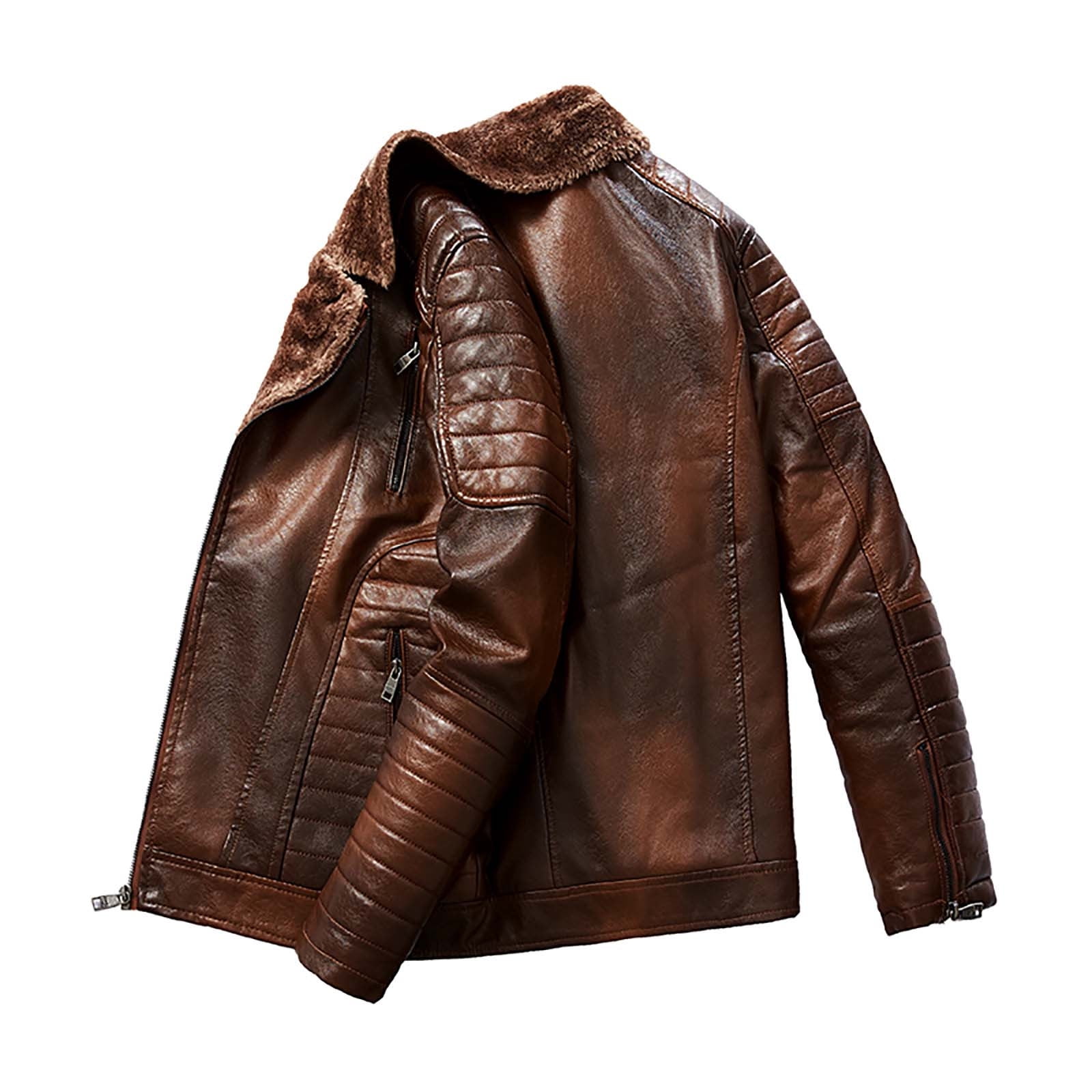 IROINNID Men's Faux Leather V-Neck Notch Lapel Long Sleeve Solid Color Loose Autumn And Winter Fleece Jacket