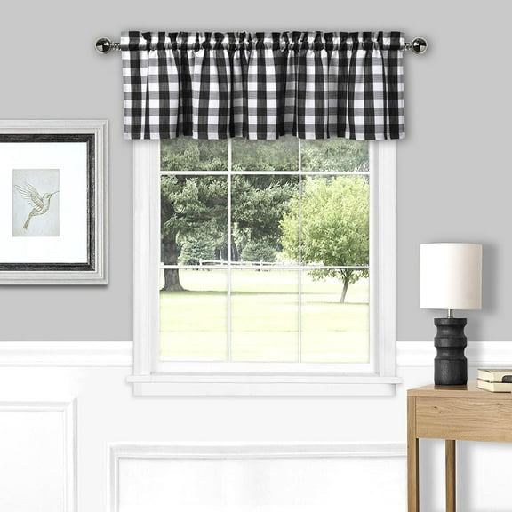 Black White Buffalo Plaid Valance Linen Sheer Cafe Curtain Buffalo Check Plaid Rod Pocket Rustic Farmhouse Kitchen Window Treatment for Living Room Bedroom,1 Panel, 55''''x15'''', Black and White