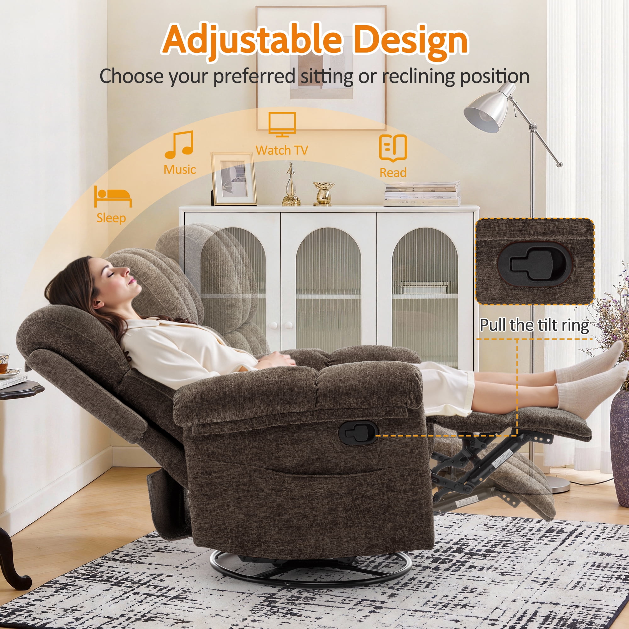 Korser Small Recliners for Small Spaces,Swivel Rocker Recliner Chair with Side Pockets for Living Room,Brown