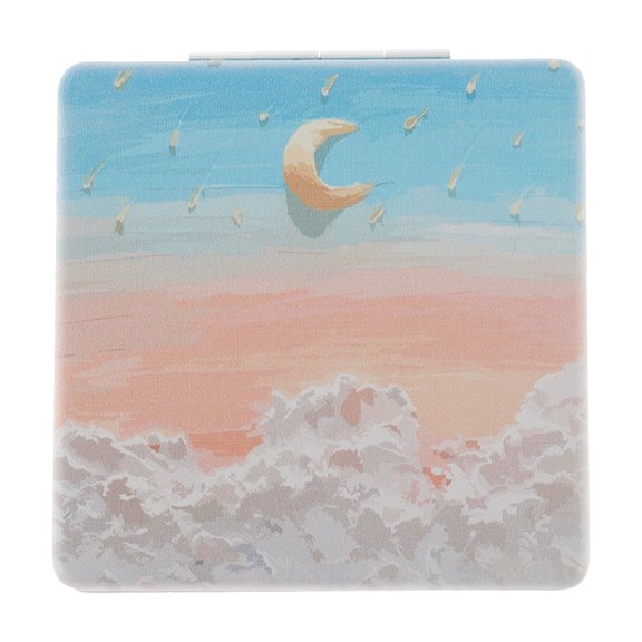 Unique Bargains 1 Pc Women Square Hand-drawn Makeup Mirror for Travel Vacation Blue White Pink Metal PU Glass