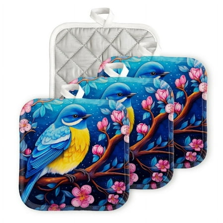 

Bahomeck Pot Holder 4Pcs Blue And Yellow Bird Sitting On Cherry Blossom Tree With Pink Flowers Square Heat Resistant Hot Pads For Kitchen Cooking Oven With Hanging Loop Potholder Easy To Store