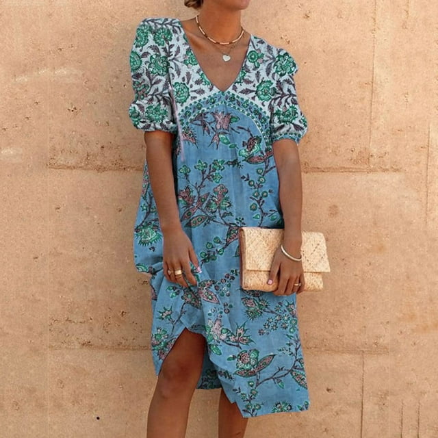 Pisexur Robe à Manches Courtes Col en V Mode Femme Robe Longue Mi-Mollet Décontractée Imprimée