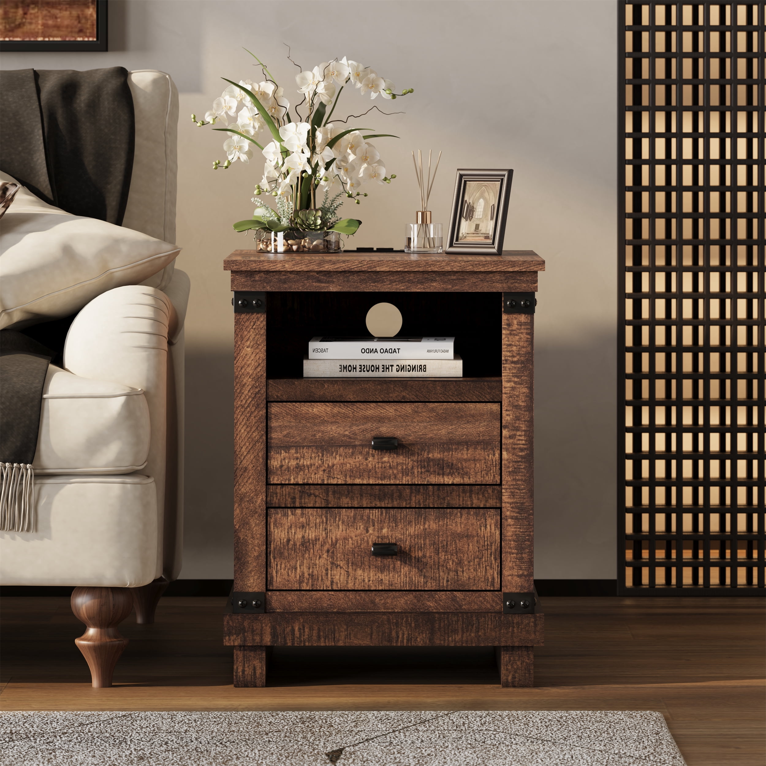 KeyWhat Farmhouse 18" Nightstand with Charging Station, Rustic Metal Wood End Table with Open Storage Shelf, Reclaimed Barnwood