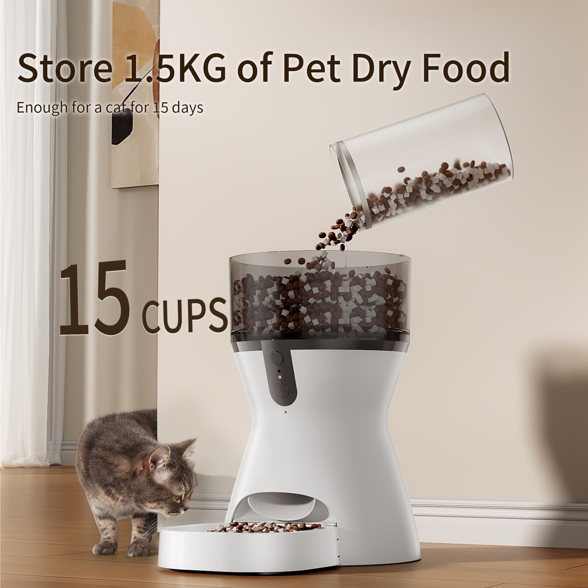 CATLK Automatic Cat Feeders, 4L Timed Cat Dry Food Dispenser, Dual Power Supply, Voice Recording, Anti-Clog Design, 2.4G Wi-Fi Programmable Cat Food Dispenser for Cats and Small Dogs