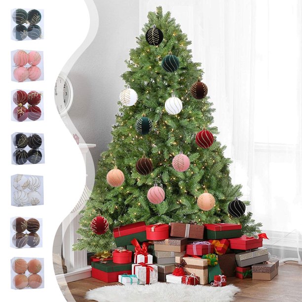 Bolas Decorativas Flocadas Juego de 4 bolas colgantes para árbol de Navidad con purpurina flocada de 6 cm, color rojo, blanco, verde y rosa JASKFLY