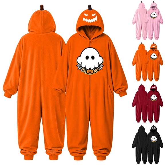 Halloween Onesie Pajamas Adult Pumpkin Ghost Halloween Costume Pajamas Adults Hooded Jumpsuit Sleepwear One Piece Union Suit Outfit Soft Cozy Lounge Wear for Holiday Party(cute ghost_B)