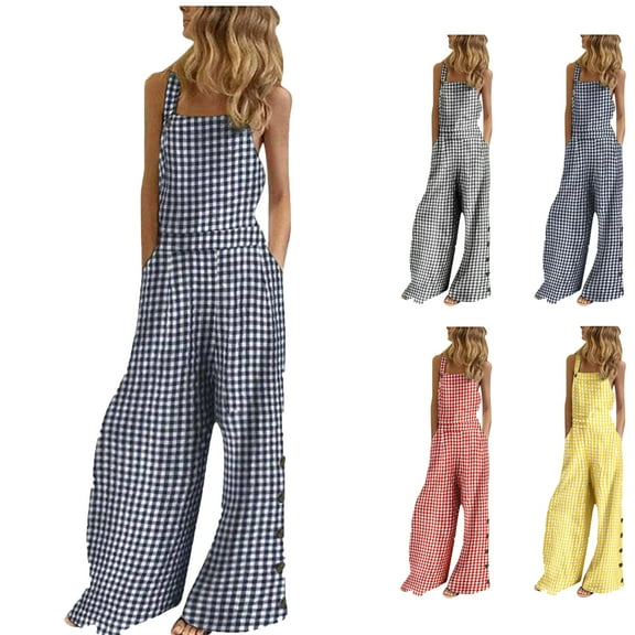Bmawag Jumpsuits for Women Summer Boho Plus Size Sleeveless Wide Leg Rompers & Overalls Casual Loose Plaid Print Summer Wide Leg Bib Linen Pants