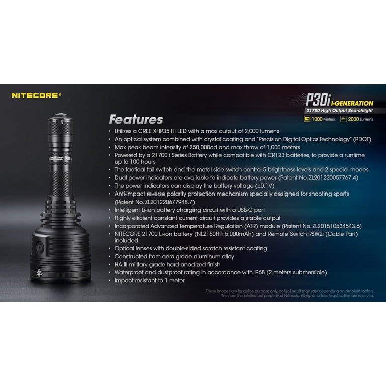 NITECORE P30i USB-C Rechargeable 21700 Searchlight-855439