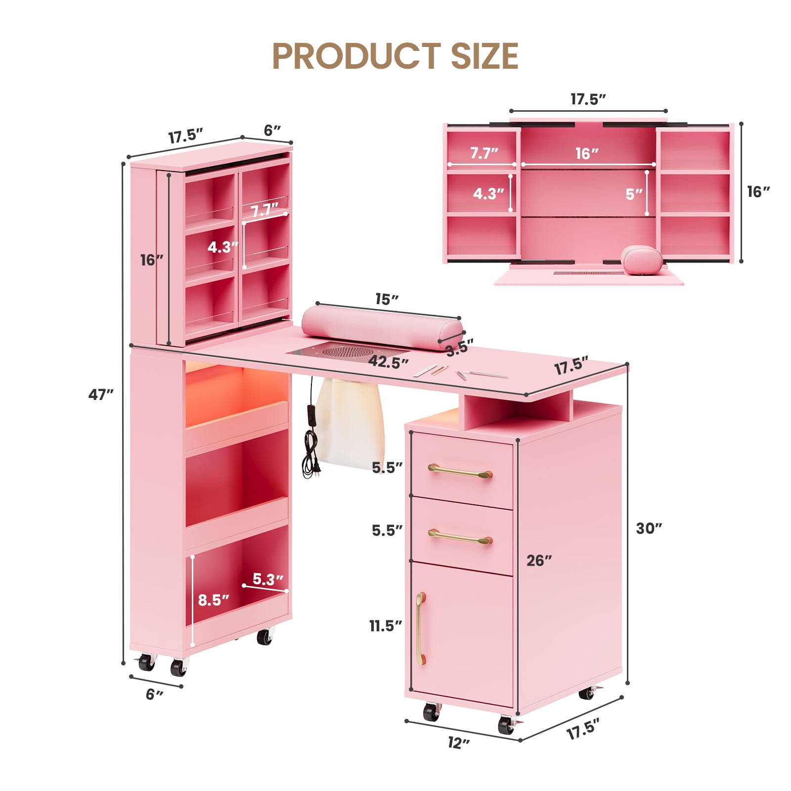 Advwin Professional Manicure Table with Extendable Nail Polish Cabinet, Dust Collector, LED Light & Wrist Rest, Rolling Nail Desk for Nail Tech, Beauty Nail Station for Home & Salon, Pink