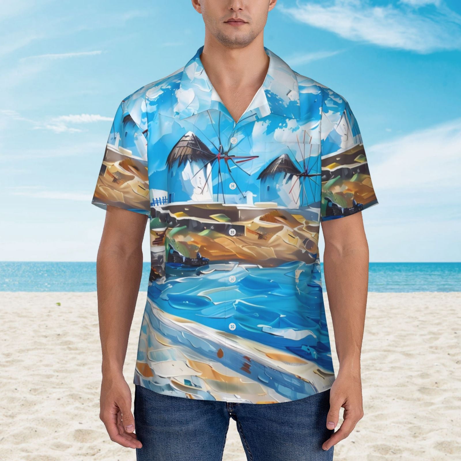 Logiee Greek Island Windmills Painting Print Mens Hawaiian Shirts,Loose-Fit Short Sleeve Button Down Tropical Aloha Beach Shirt,Summer Vacation Wedding Tops,