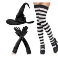 thumbnail image 2 of Conjunto de sombrero de bruja arrugado de Halloween con calcetines a rayas negras y guantes largos de satén. Colección completa de accesorios de disfraz de bruja., 2 of 4