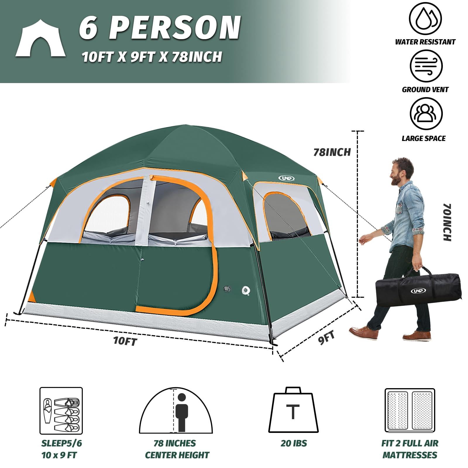 Tents 6 Person Waterproof Windproof Easy Setup Double Layer Family Camping Tent With 1 Mesh Door & 5 Large Windows -10'x9'x78in(h)