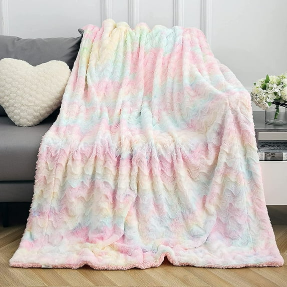 Lochas Rainbow Throw Blanket Colorful Soft Blanket ,Warm Cozy Luxurious Shaggy Fuzzy Plush Sherpa Blanket for Girls Couch Sofa Bed Living Room Home Decor, 50"x60",Pink Rainbow