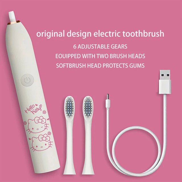 Sanrio-cepillo de dientes eléctrico Hello Kitty, 6 engranajes, onda de sonido ajustable, protector de goma de pelo suave, portátil, batería de larga duración, regalo de amigo