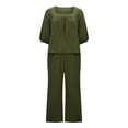 thumbnail image 4 of Dazajoo Solid Color 2 Piece Outfits Set for Women Cotton Linen 3/4 Sleeve Square Neck Shirts Tops Wide Leg Pants Lounge Suits 2024 Womens Summer Fashion Loose Fit Loungewear,Army Green,S, 4 of 8