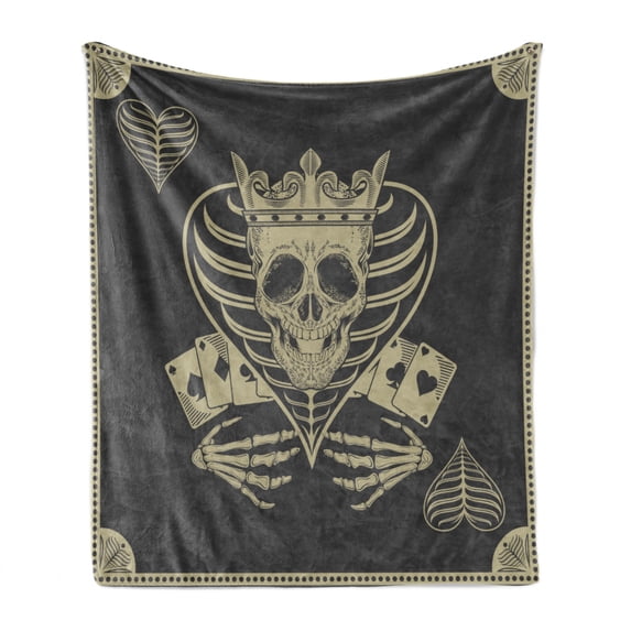Skull Soft Flannel Fleece Throw Blanket, Vector Skeleton Poker Cards Play Game Scary Horror Image Crown and Heart, Cozy Plush for Indoor and Outdoor Use, 60" x 80", Dark Grey Tan Beige, by Ambesonne
