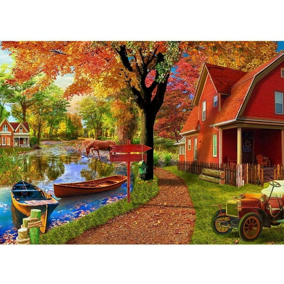 1000 piece puzzle, puzzle for adults, impossible puzzle, colorful puzzle, colorful bridge game, autumn cabin, puzzle for adult
