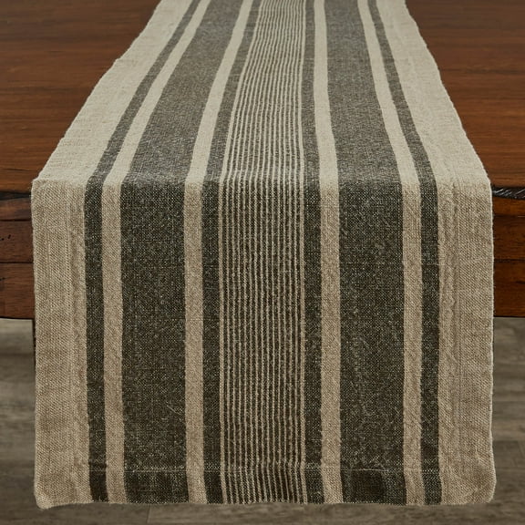 Split P Brown Washed Linen Stripe Table Runner 60''L