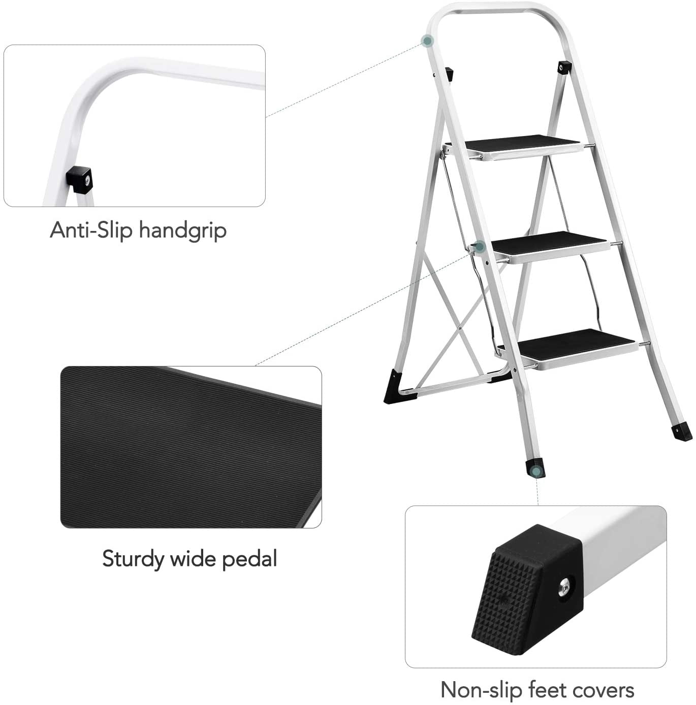 WAYPLUS 330lb Capacity 3 Step Steel Ladder, Folding Portable Step Stool w/ Non-Slip Feet, Rubber Pads