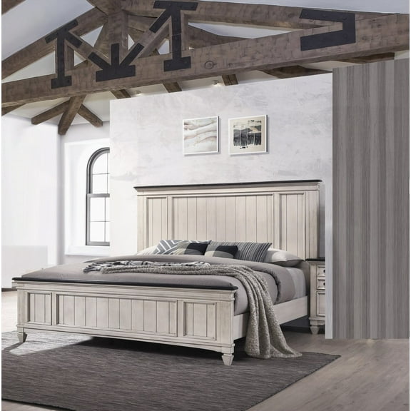 King Size Rustic Cottage Style Panel Bed with Built-in Bench Footboard and Solid Wood Two-Tone Finish for Bedroom