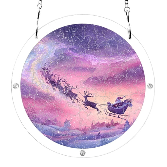 Christmas Santa Run To Whimsical Sky Acrylic Jigsaw Puzzles 83 Pieces Suncatcher for Window Hanging 7.5 Inch Holiday Home Decor