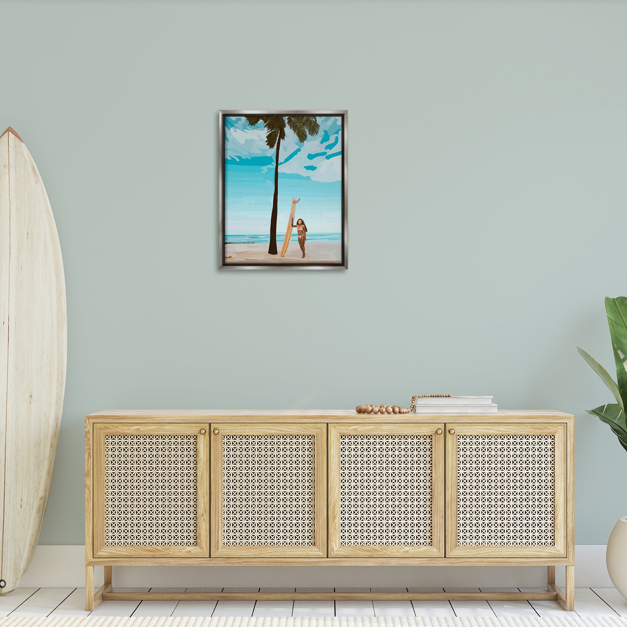 Stupell Industries Tropical Beach Day Girl Nautical & Beach Painting Gray Floater Framed Canvas Art Print Wall Art, 25 x 31