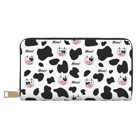 Leather Thin Slim Wallets for Women Men - Cartoon Cute Cow Print Cow Head Clutch Card Wallet for Women Men with Zipper