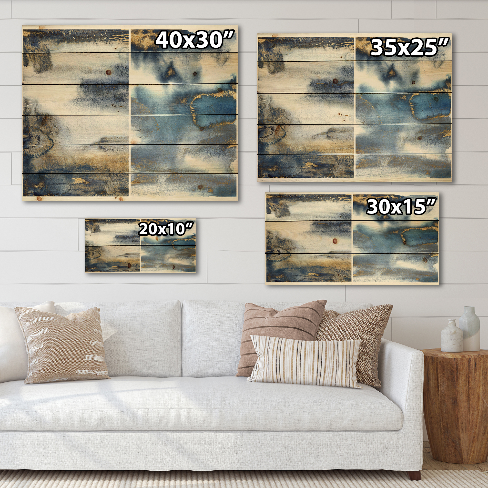 Designart 'Gold and Dark Blue Abstract Waves I' Modern Print on Natural Pine Wood