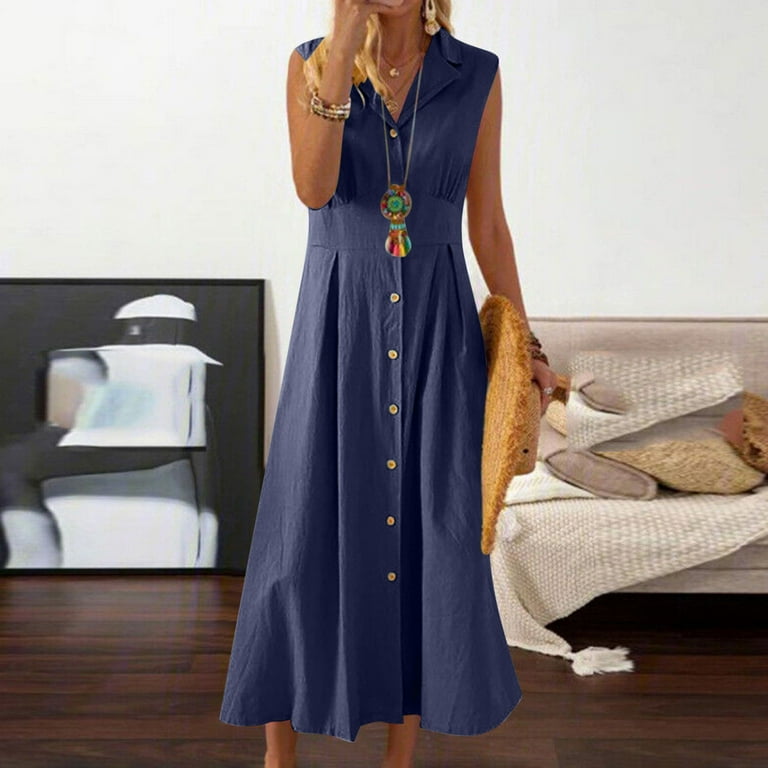 chinese dress ladies Linen tunic dress LASTRES in Deep navy blue main image 1