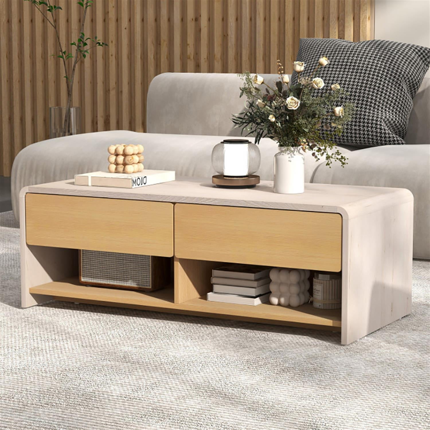 Demi Bonn Modern Coffee Table, Dining Center Tables with 2 Drawers and 2 Storage Shelf for Living Room, Bedroom, Office and Balcony, Beige