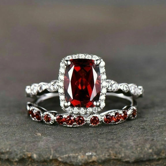 Rag Jewels 3.00 Ctw Cushion Cut Garnet & White Diamond Wedding Anniversary Bridal Set Ring 14K White Gold Plated 925 Sterling Silver 925 Sterling Silver -5.5
