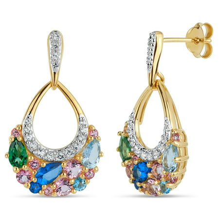 Multi Color Topaz and Round White Topaz Swarovski Genuine Gemstone 18kt Gold Over Sterling Silver Chandelier Earrings