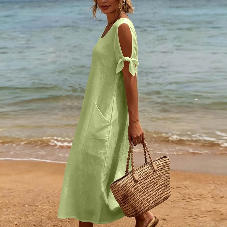 short sleeve midi dress cute Odbmxy Summer Plus Size Midi Dresses for Women Cotton Linen Modest Short  Sleeve Shift Cute Womens Dresses Tunic with Pockets