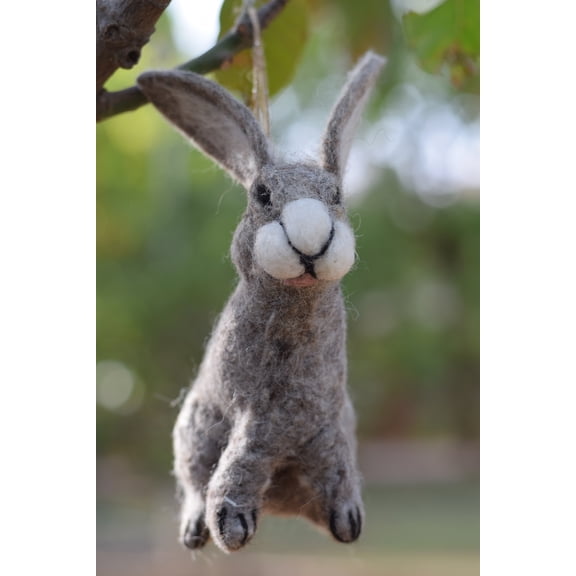 De Kulture Works Wool Felt Hanging Grey Bunny Eco Friendly Needle Felted Stuffed Easter Ornament, 2.5x3x6 LWH inches