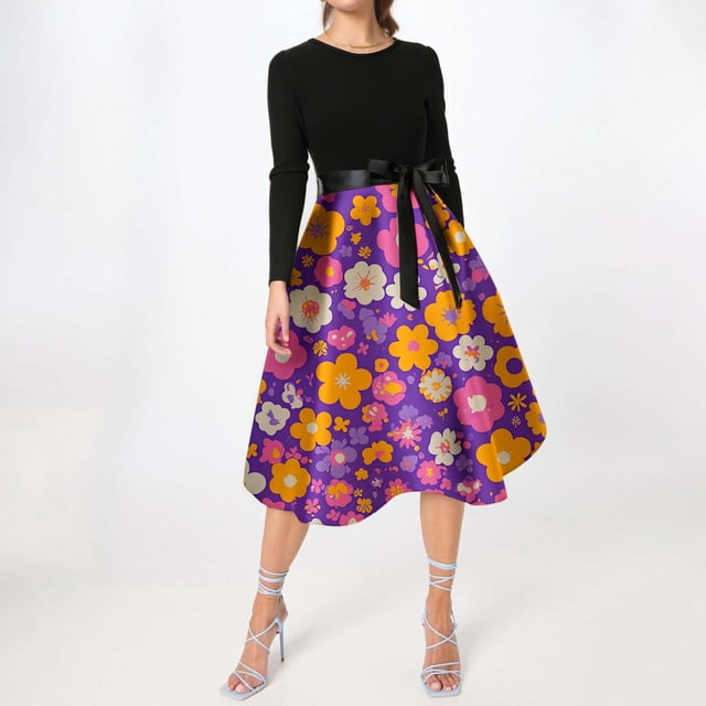 WILLBEST Vestidos Casuales Para Mujer Verano Vestido Casual De Manga Larga Con Cuello Redondo Y Cremallera Para Mujer Con Estampado De Festival Para Fiestas Y Uso Diario