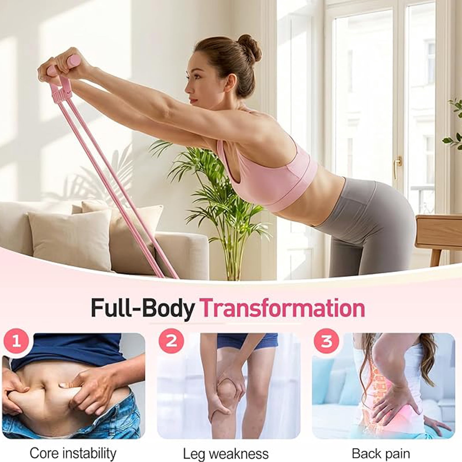 8-Tube Resistance Bands with Handles & Foot Pedals, Adjustable Tension Fitness Equipment for Full-Body Workout, Legs Arms Abs Training, Pink