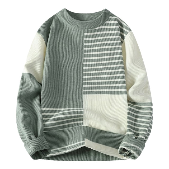 MIASHUI Chandail à Col Rond pour Homme à Rayures à Blocs de Couleur Tendance Mode Manches Longues Chandail Confortable Vert Pâle, TTG