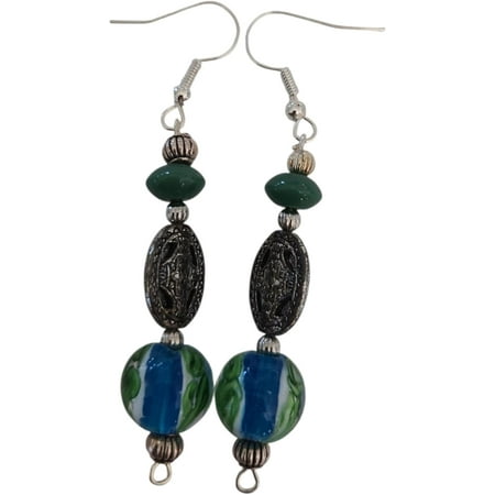 Handcrafted Dangle Earrings with Blue and Green Glass Beads, Antique Silver Accents[b079]