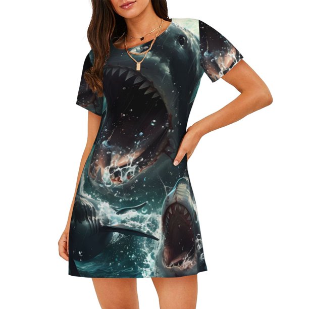 Fotbe Wave Ocean Animal Shark Bata de Dormir para Mujer con Estampado, Camisón de Algodón de Manga Corta, Ropa de Dormir Casual