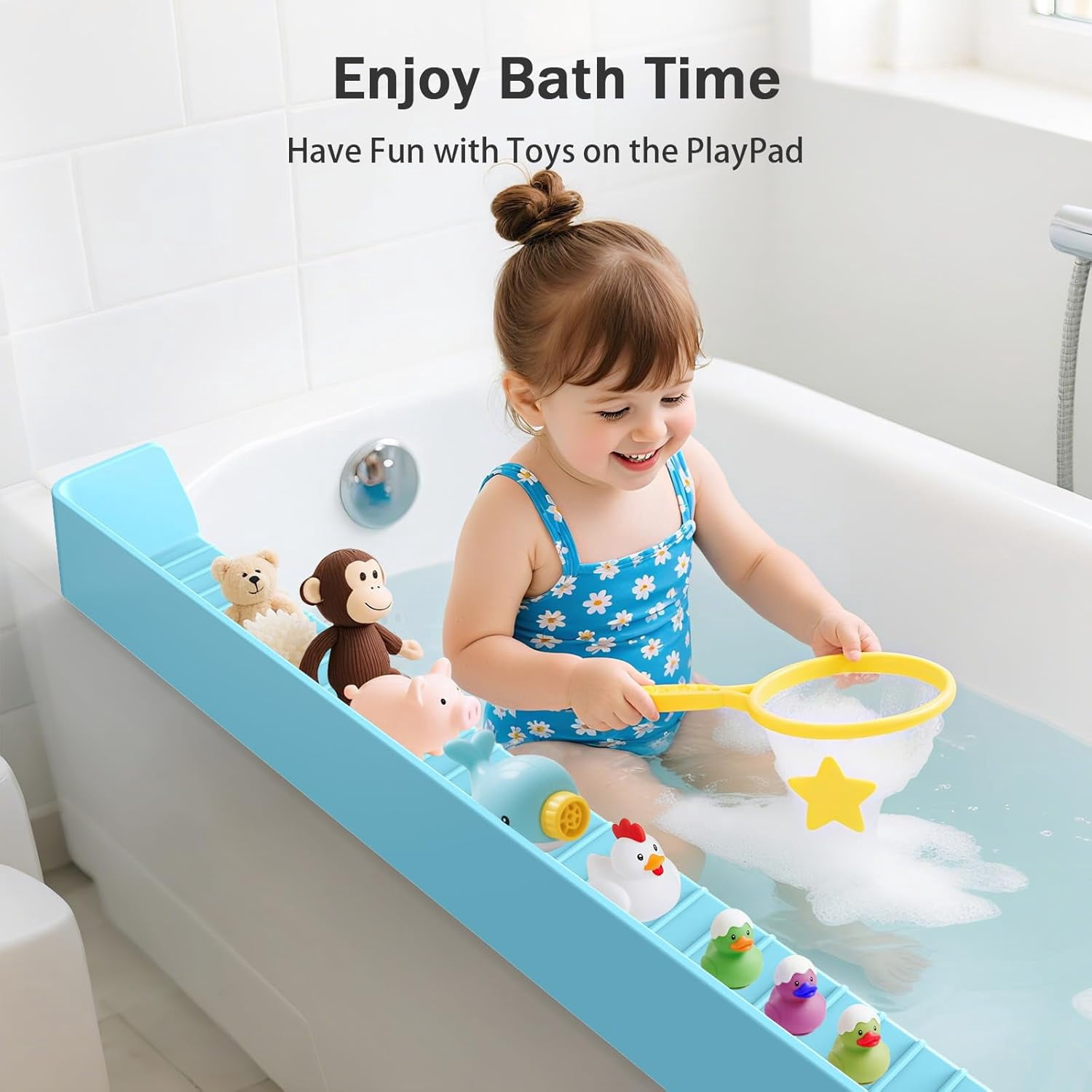 Bathtub Splash Guard with Toy Tray and Strong Suction Cups, Silicone Water Barrier Keeps Floor Dry, Bath Shelf Storage for Baby Toddler Bath Time, Foldable No Mess Accessory for Tub