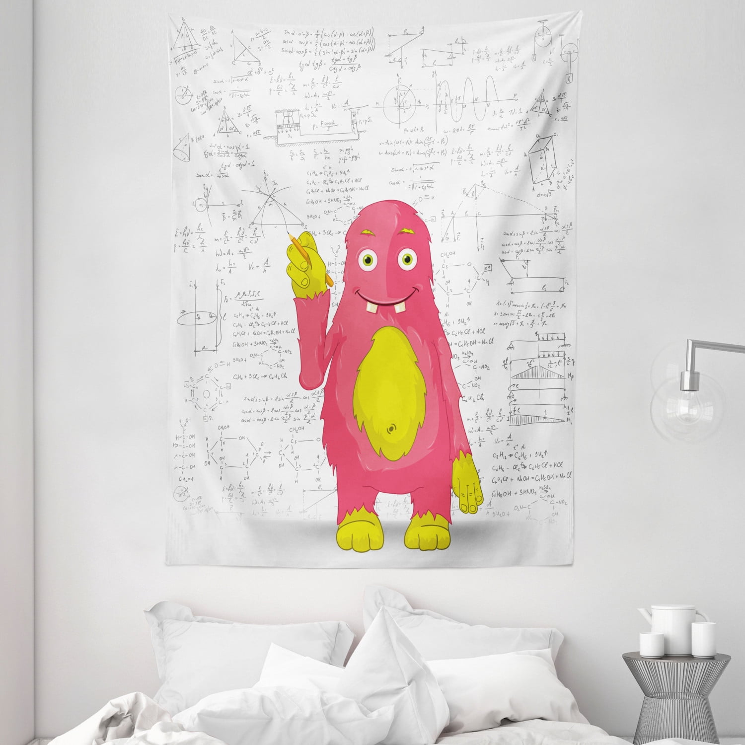 Kids Tapestry, Funny Smart Monster Doing Math on Wall Science Nerds Comic Illustration Pattern