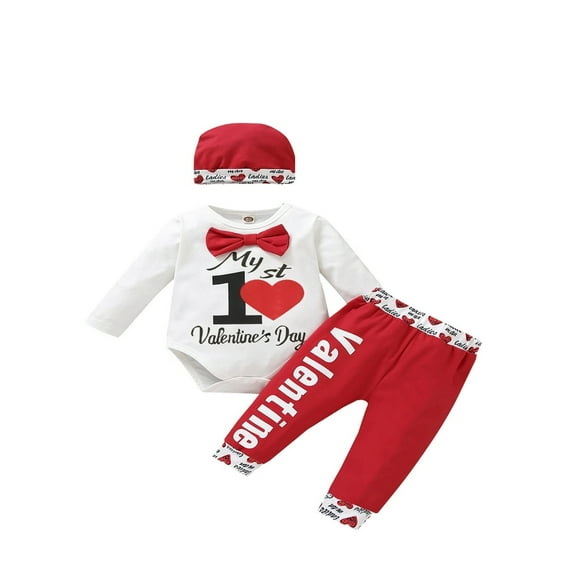 CNKOO 3PCS Infant Baby Boy Girl Valentines Outfits Letter Print Romper Heart Print Pants Set White 0-3 Months