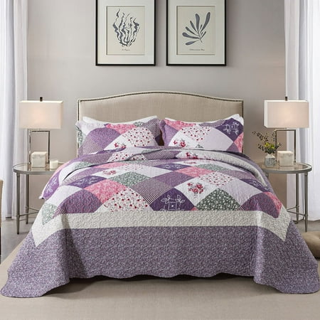 HoneiLife Quilts King Size - 3 Piece Microfiber Quilt set Reversible Bedspreads Patchwork Coverlets Floral Bedding Set All Season Purple Border