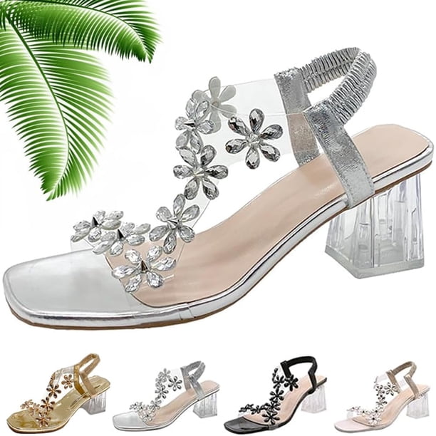 Sandalias de tacón de bloque de cristal floral transparente para mujer, tacones de punta cuadrada, sandalias elegantes sexys con correa de tobillo elástica a la moda