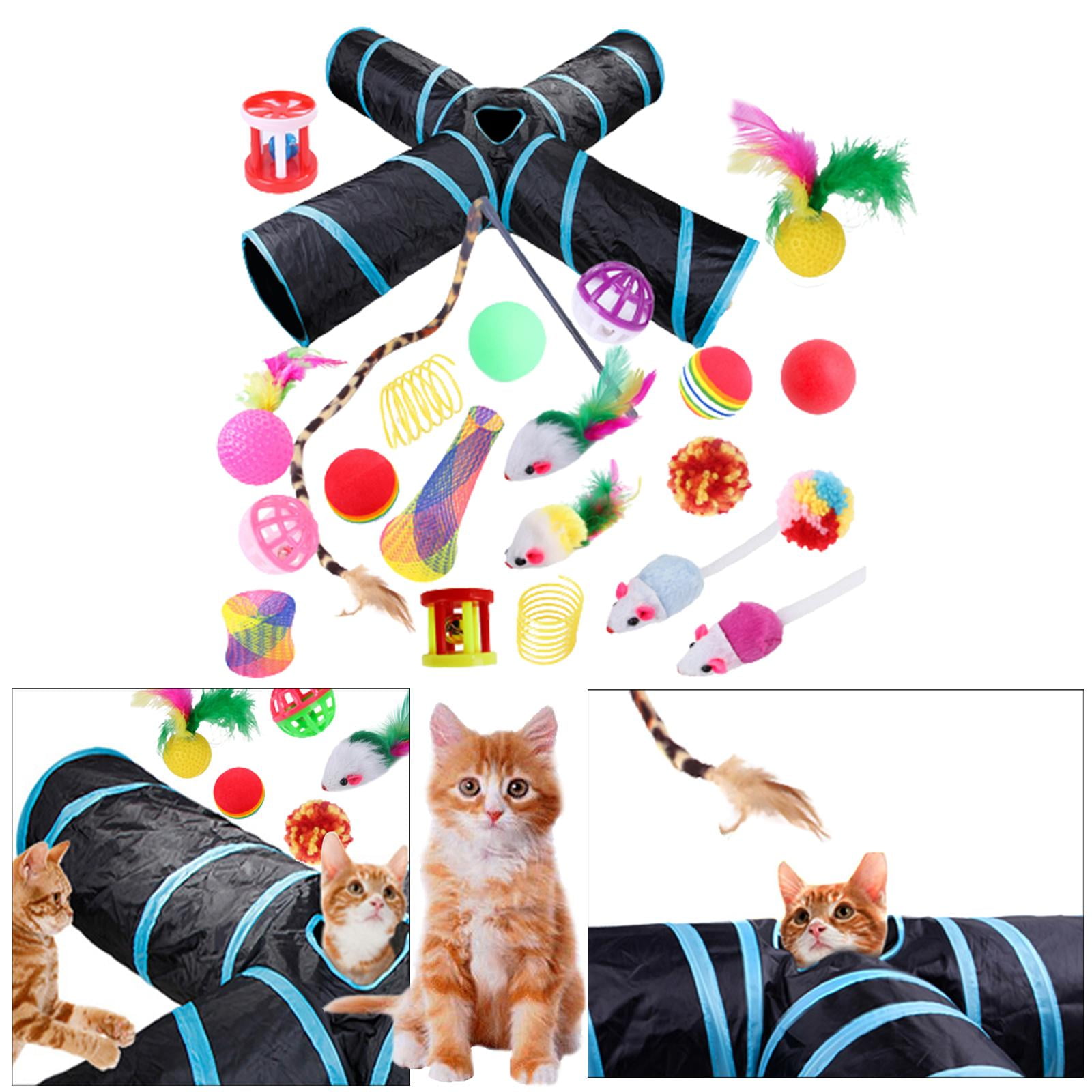 22 piece Interactive Cat Toy Sets,Collapsible Cat Tunnels for Indoor Cats, Feather Teaser Crinkle Balls Spring Toy Catnip Fish for Cats , B99503