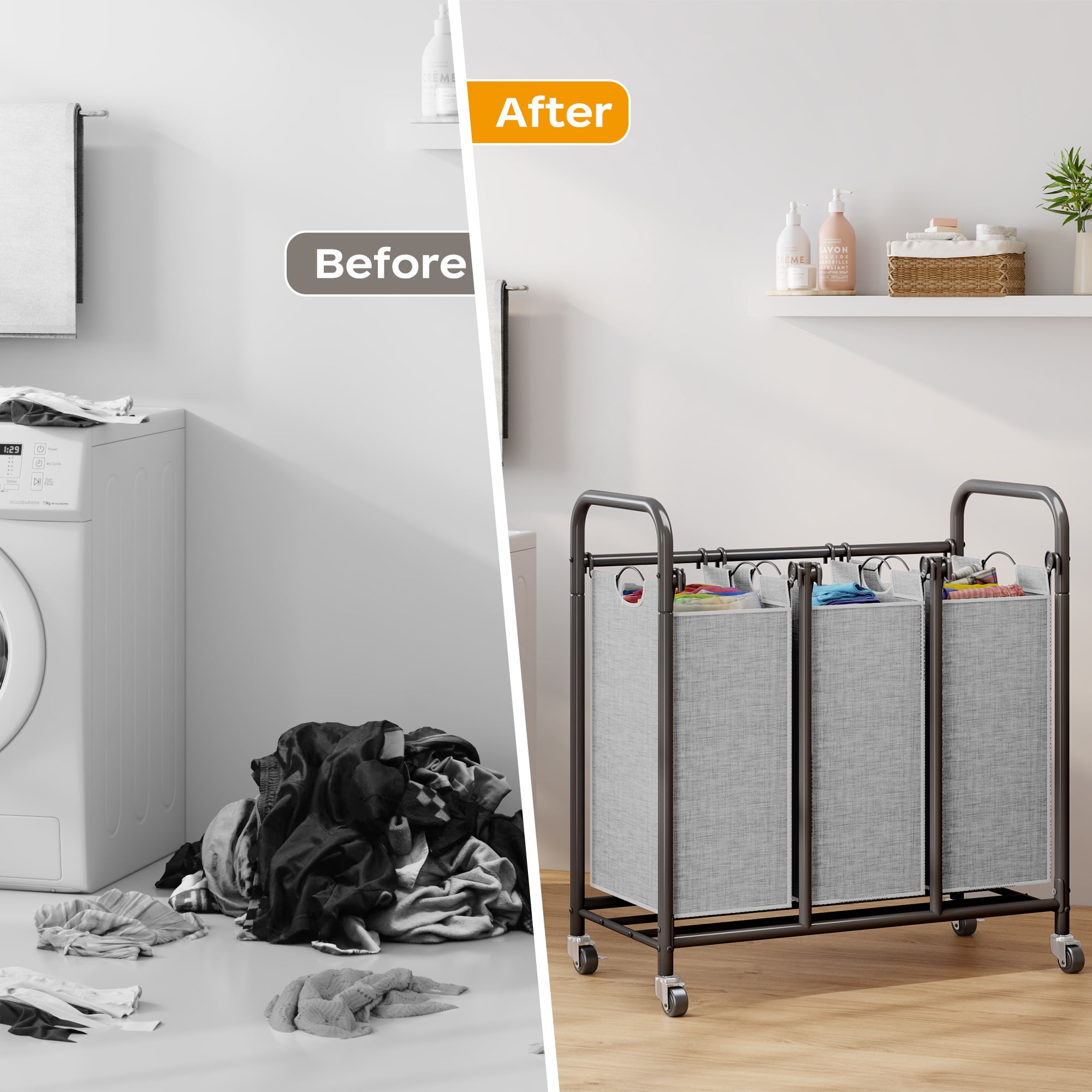 3-Bin Metal Laundry Hamper Cart with Wheels Laundry Sorter Organizer